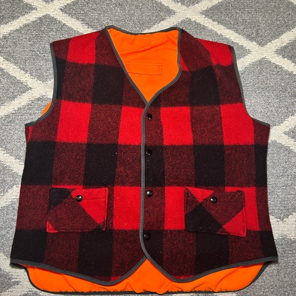 Vintage - Woolrich - Reversible 628 Buffalo Plaid Safety Orange Hunting Vest - M - Picture 1 of 5
